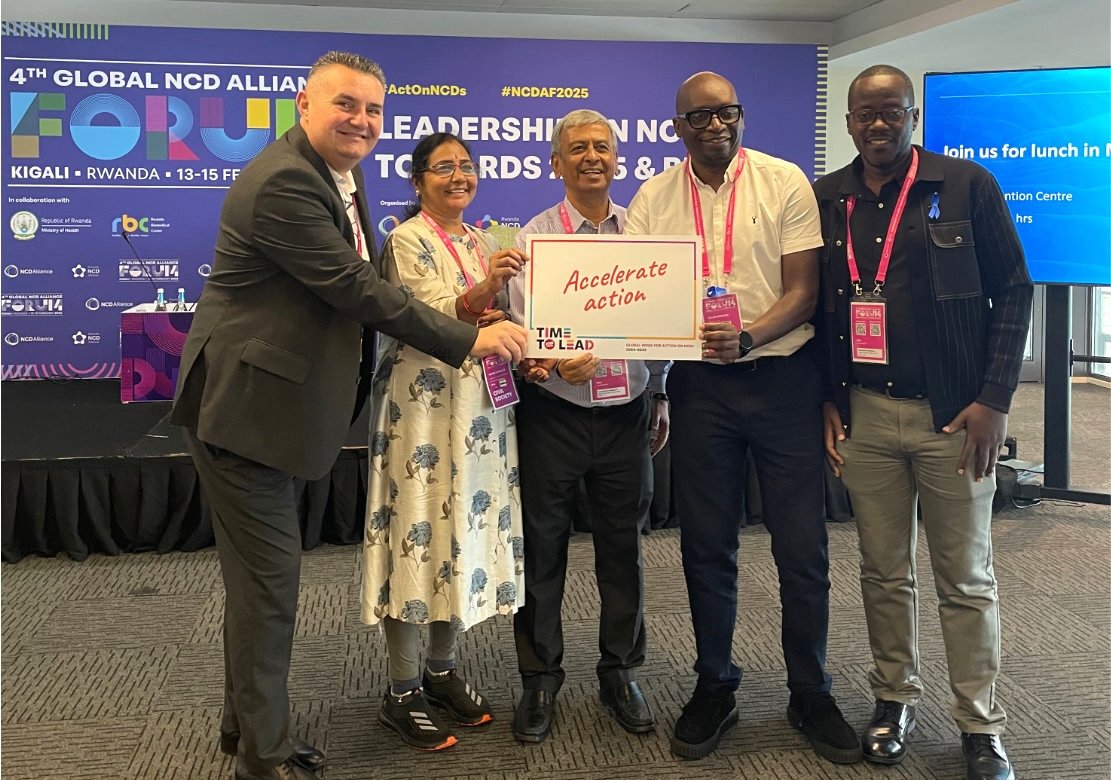 Zoran Stojkovski, HA Kousalya, Ramki VA Ramakrishna, Allan Kiwanuka, and Danny Gotto commit to accelerating action on NCDs at the T1D pre-conference.