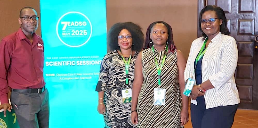 Robert Kalyesubula, Sania Bogere, Miriam Lukwago, and Phoebe Wamalwa at the 7th East Africa Diabetes Study Group Congress in Munyoyo, Uganda.