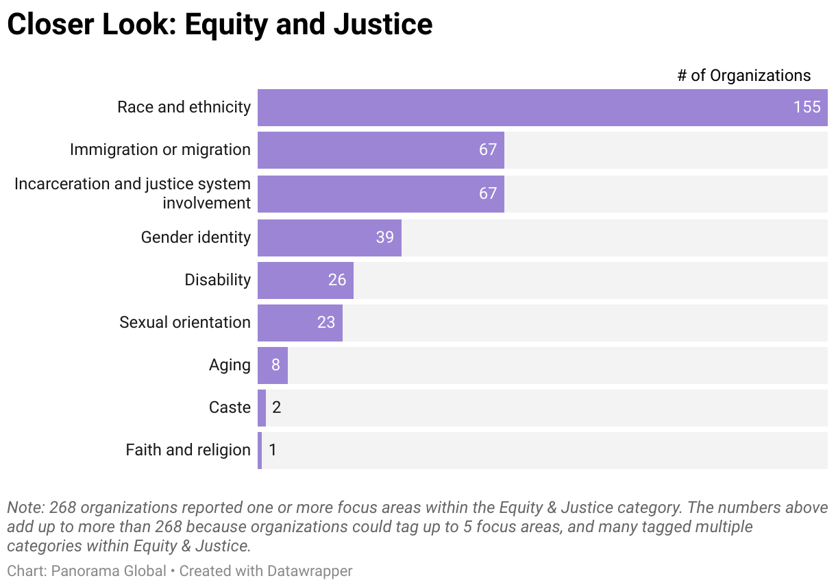 Note: 268 organizations reported one or more focus areas within the Equity & Justice category. The numbers above add up to more than 268 because organizations could tag up to 5 focus areas, and many tagged multiple categories within Equity & Justice.
