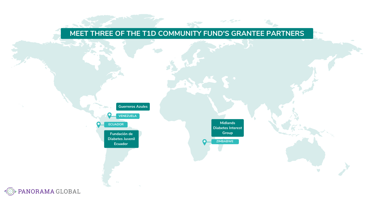 A world map showing the locations of three of the Type One Diabetes Community Fund's grantee partners: Ecuador, Venezuela, Zimbabwe
